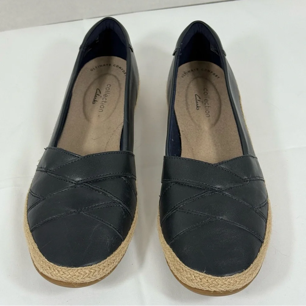 Clarks Collection Slip On Flats Shoes‎ 8M Dark Navy Leather Espadrille Comfy